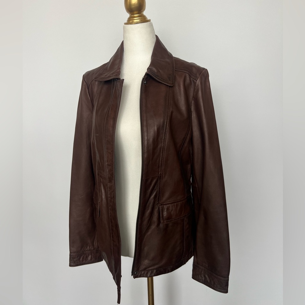 Eddie Bauer Classic Chocolate Brown Leather Jacket with adjustable waist buttons